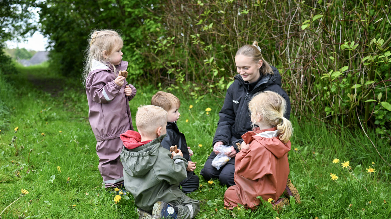 Voksen og fire børn spiser i naturen